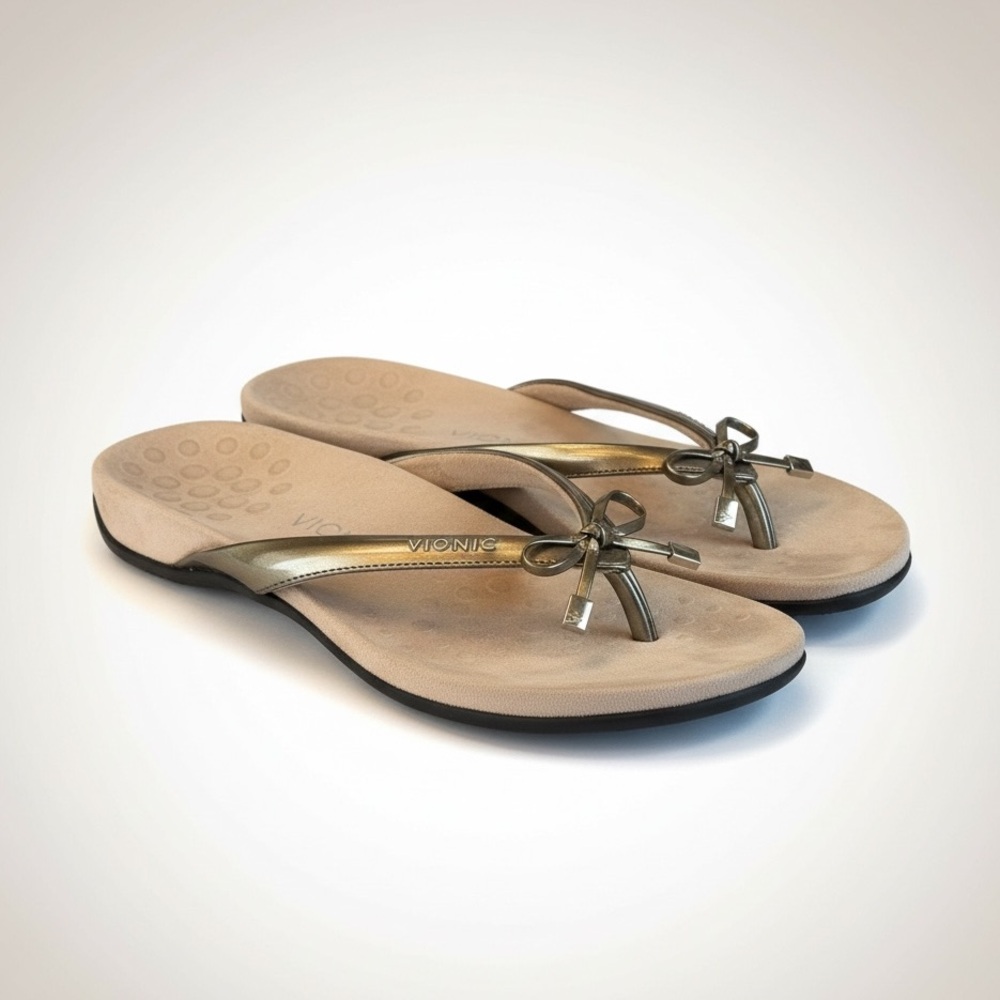Vionic Bella II Gold Bow Toe Post Thong Flip Flop Sandal Comfort Size 10 - Picture 2 of 13